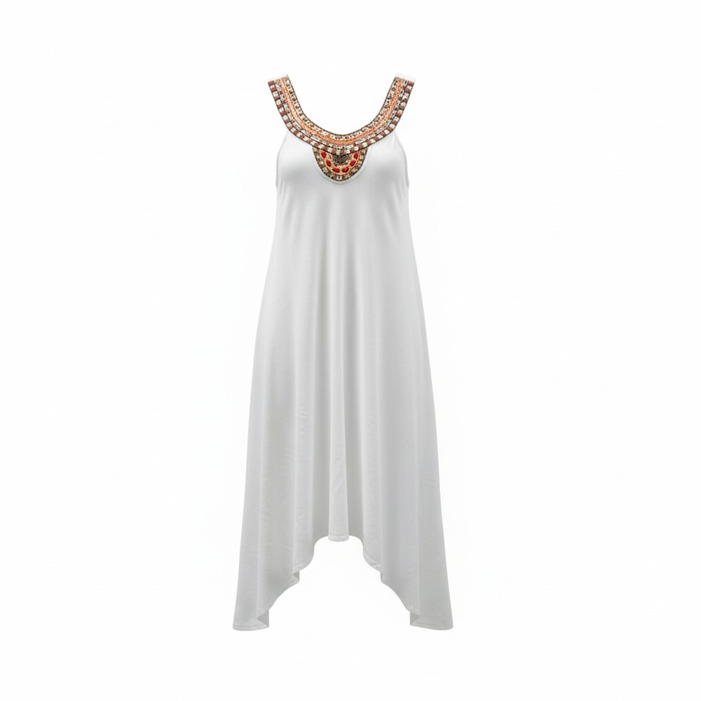 White Beaded Neckline Flowy Beach Midi Dress S Boho Resort ForCynthia